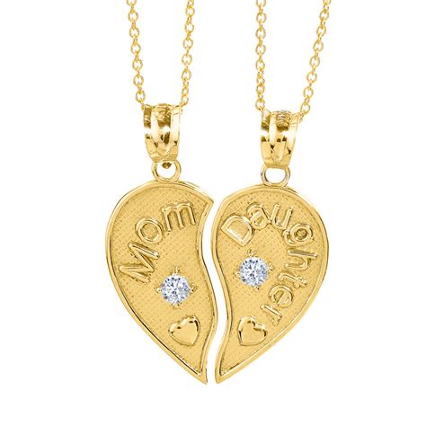 2pc Yellow Gold 'Mom' and "Daughter" Heart Necklace Set