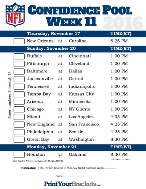 Nfl Schedule Week 11 Printable