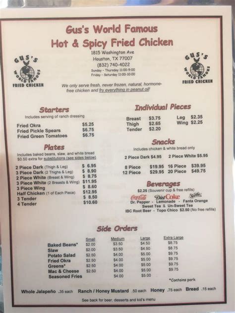 Menu at Gus's World Famous Fried Chicken restaurant, Houston, Washington Ave