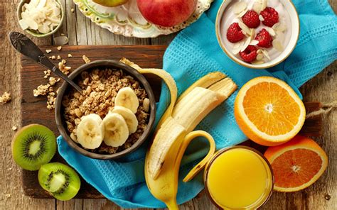 Download wallpapers Healthy food, concepts, breakfast, oatmeal, cereal, fruit, banana, orange ...