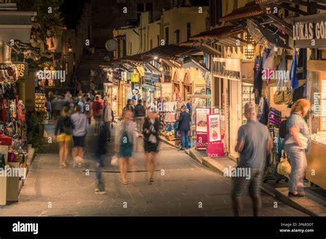 View of shops at night, Old Rhodes Town, UNESCO World Heritage Site, Rhodes, Dodecanese, Greek ...