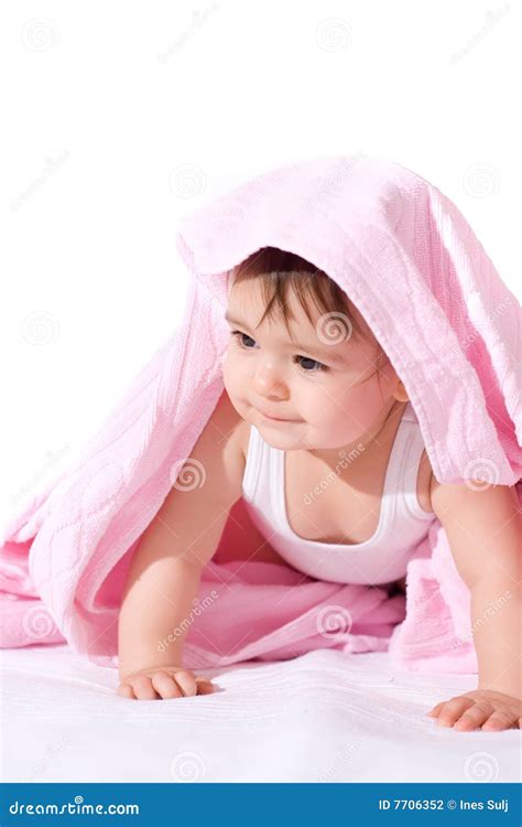 Baby girl with pink towel stock photo. Image of caucasian - 7706352