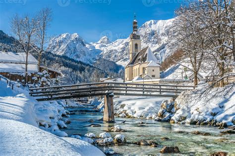 Winter landscape in the Bavarian Alps with church, Ramsau, Germany 1420710 Stock Photo at Vecteezy