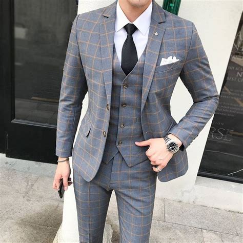 3 Piece Plaid Slim Men Suit Grey Red Check Tuxedo Suit Male Groom ...