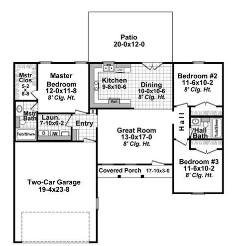 Ranch Plan: 1,200 Square Feet, 3 Bedrooms, 2 Bathrooms - 348-00194