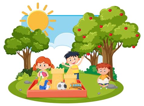 Premium Vector | Children playing in sandpit outdoor scene isolated