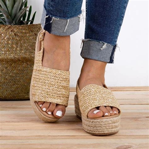 Weaving Espadrille Platform Sandals Summer Peep Toe Sandals in 2020 | Wedge sandals outfit