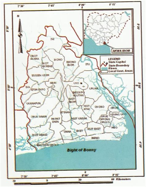 Map of Akwa Ibom State. Inset: map of Nigeria showing position of Akwa... | Download Scientific ...