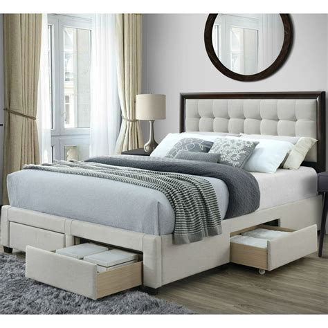 DG Casa Soloman Upholstered Panel Bed Frame with Storage Drawers and Wood Trim Tufted Headboard ...