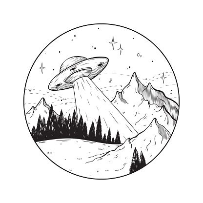 Fantastic Doodle Illustration With Ufo Spaceship In The Mountains Stock ...