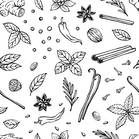 Seamless pattern with herbs and spices. Hand drawn vector illustration ...