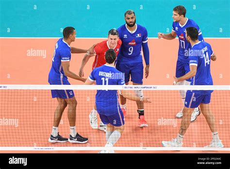 France volleyball team celebrating a point against Italy . Volleyball World Championship 2022 ...