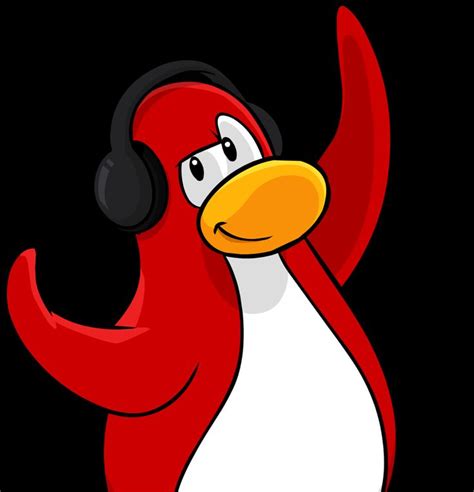 a red and white bird with headphones on it's ears, standing in front of a black background