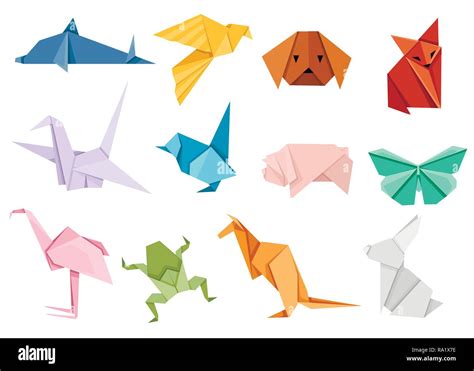 Origami japanese animal set. Modern hobby. Flat vector illustration ...