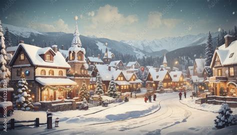 Christmas village with Snow in vintage style. Winter Village Landscape. Stock Photo | Adobe Stock