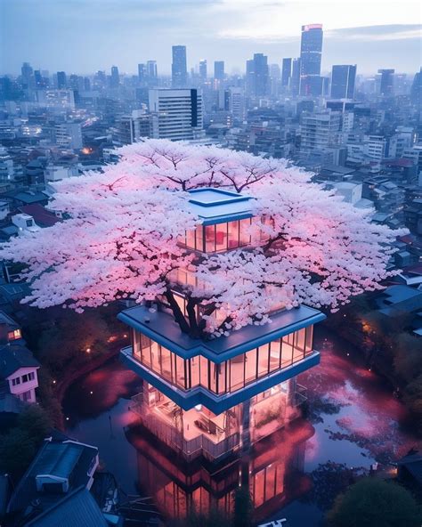 an aerial view of a building with cherry blossoms in the foreground and ...