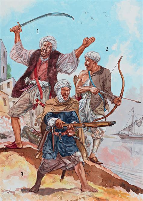 The Barbary Pirates: Raid on Corsica, c. 1480: 1: Barbary captain; 2: Bowman; 3: Berber ...