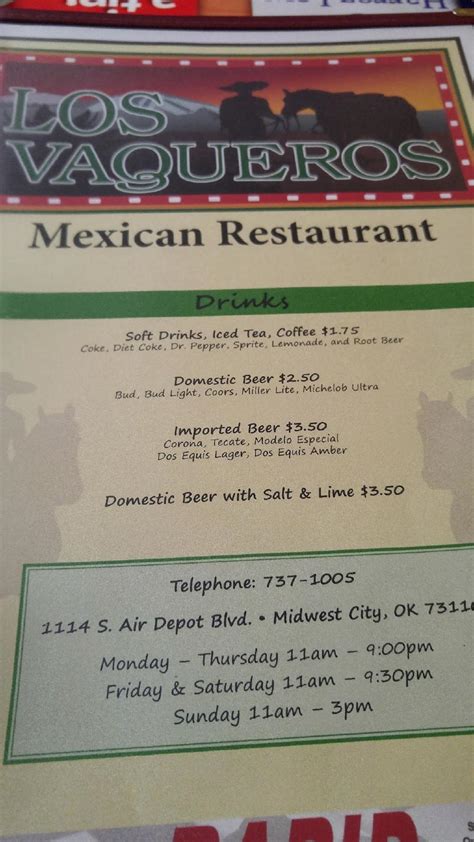 Menu at Los Vaqueros #4 restaurant, Oklahoma City, S Air Depot Blvd STE 2