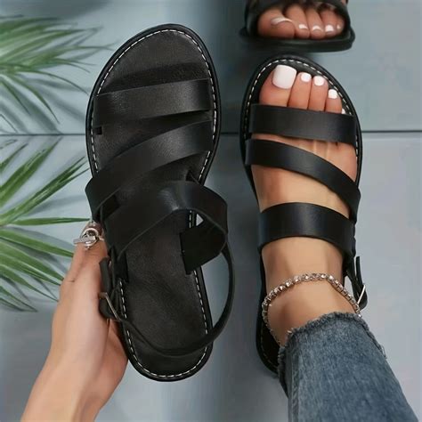 Women's Roman Flat Sandals Solid Color Open Round Toe Ankle Strap Shoes Casual Beach Sandals ...