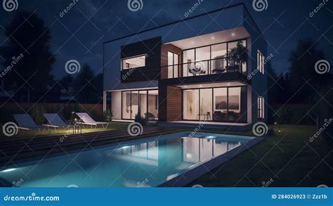 Modern Luxury House with a Swimming Pool at Night, Neural Network Generated Image Stock ...