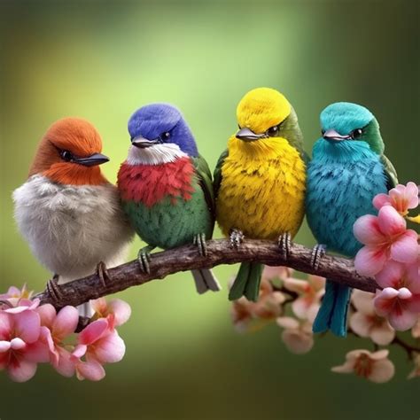 Premium AI Image | there are four birds sitting on a branch with flowers in the background ...