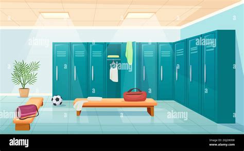 Gym changing room with lockers, school sports locker room. Cartoon empty university sports club ...