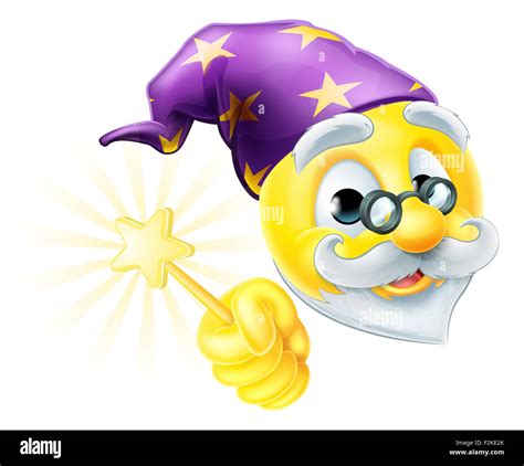 A cartoon cute wizard emoji emoticon waving a magic wand Stock Photo - Alamy