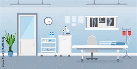 Vector illustration of hospital room interior with medical tools, bed and table. Room in ...