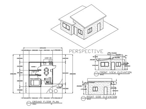 Small house left, right and perspective elevation with ground floor plan details dwg file - Cadbull