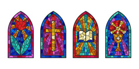 Church glass windows. Stained mosaic catholic frames with cross, book and religious symbols ...