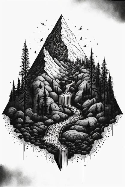 Premium Photo | Black and white drawing of a mountain with a waterfall generative ai