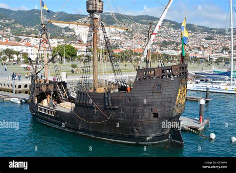 Replica of the Santa Maria sailing ship in the harbour at Funchal ...