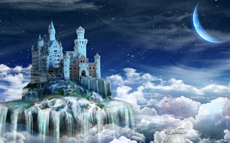 Enchanted Floating Island: A Fantasy HD Wallpaper with Moon and Castle