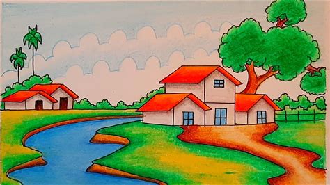 How to draw easy scenery drawing with beautiful landscape village scenery drawing with pencil ...