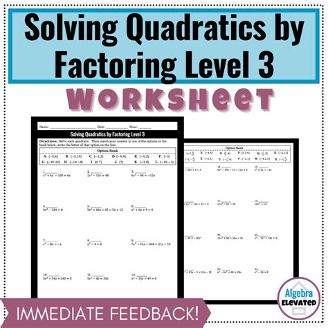 Solving Quadratic Equations by Factoring Worksheet Level 3 | Made By ...