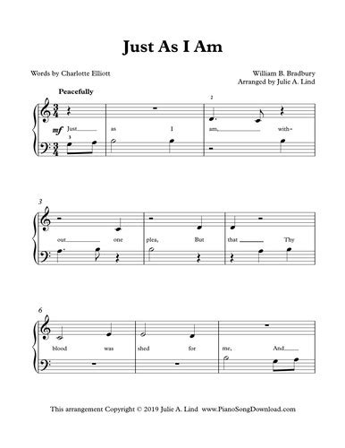 Just As I Am: free Level 1 easy piano hymn sheet music with words