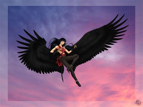 a woman flying through the air while wearing black wings