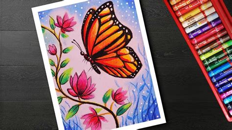 How to draw Easy Butterfly and Flower Scenery drawing and painting | Oil pastel art, Butterfly ...