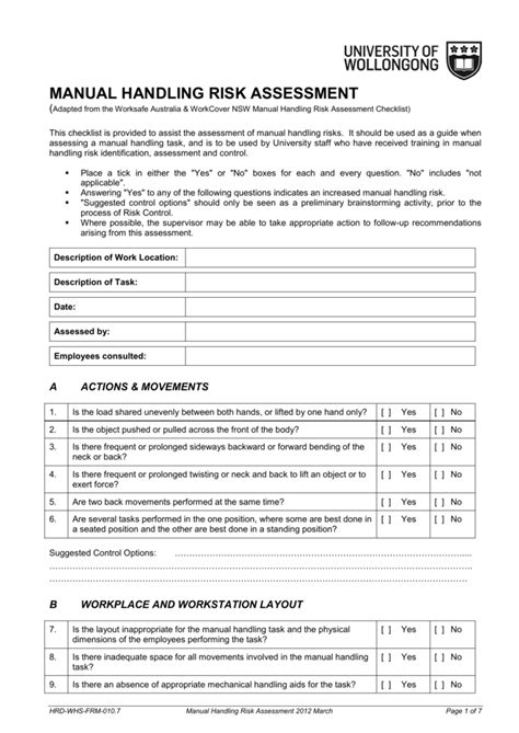 Manual Handling Risk Assessment Checklist