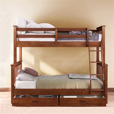 Wood Twin Over Full Bunk Beds, Kids Bunk Beds with Ladder, Safety Rail ...