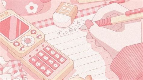 an illustration of a pink cell phone sitting on top of a table next to other items