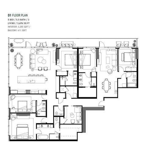 the floor plan for a three bedroom apartment with two bathrooms and an ...