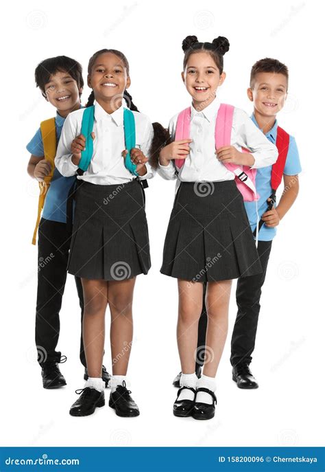 Happy Children in School Uniform on White Stock Photo - Image of braids ...