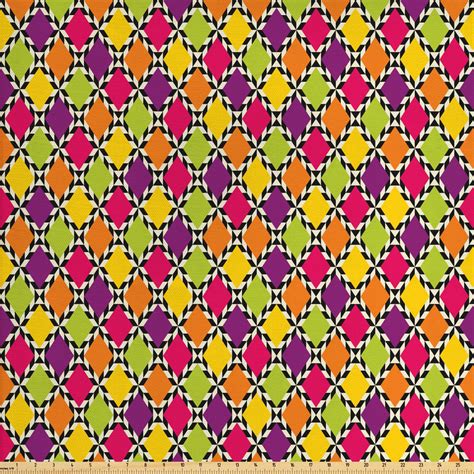 Abstract Fabric by The Yard, Funky Modern Colorful Diamond Shapes with Bicolor Stripes Retro ...