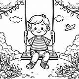 Boy On A Swing In The Garden With Bird Passing By 🏞️🌳🐦 Coloring Page sketch template
