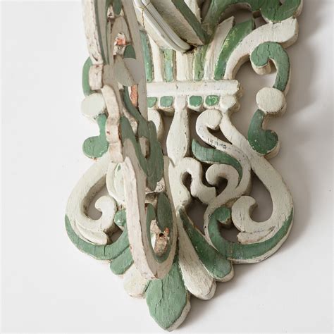 SOLD A Pair of Painted Wood French Folk Art Sconces Circa 1950