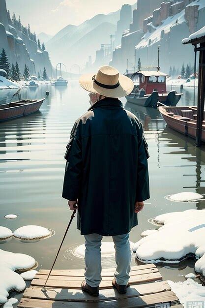 Premium AI Image | Old man fishing in a boat with houses trees forests and snow capped mountains ...