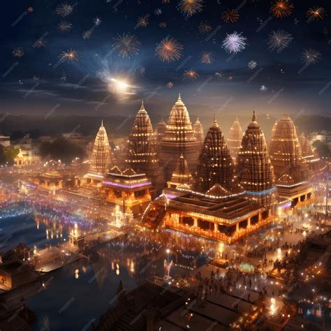 A beautiful Diwali night view of an Ayodhya temple illuminated by ...