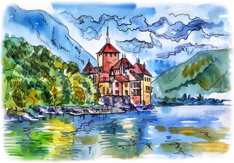 Geneva, Switzerland, Watercolor jigsaw puzzle in Castles puzzles on TheJigsawPuzzles.com