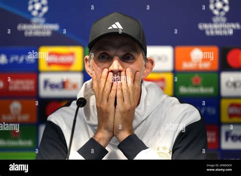 Bayern Munich head coach Thomas Tuchel during a press conference at the Etihad Stadium ...